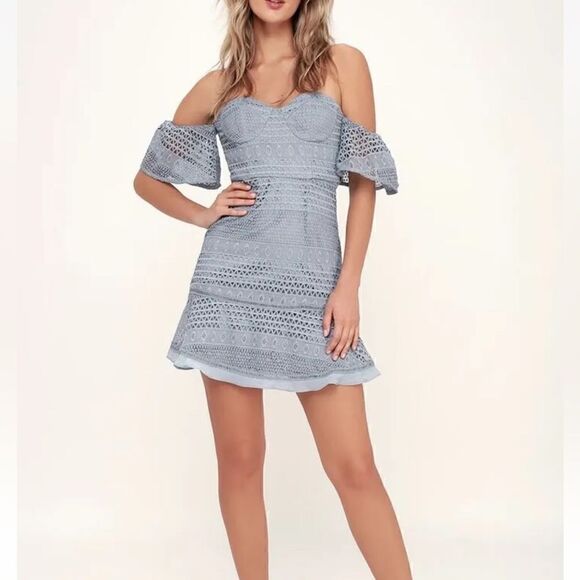 barbara eden dancing blue dress Lace Detail Bardot Maxi Dress In Blue